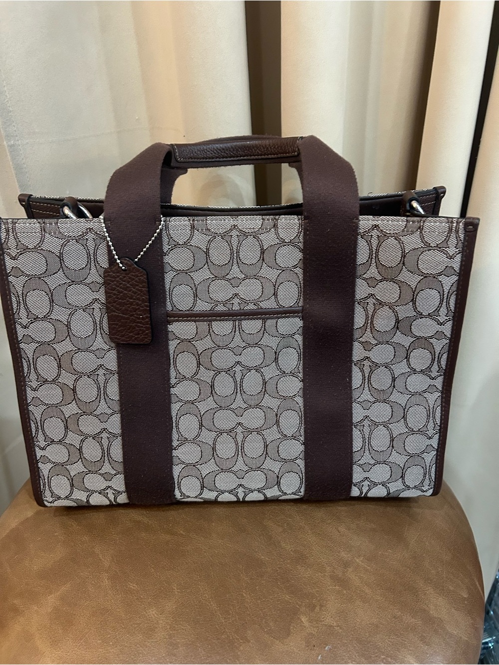 Coach Brown and Cream Signature Canvas Tote with Leather Trim